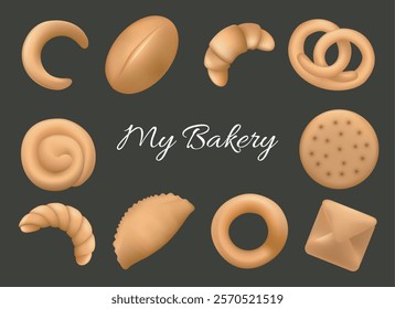 3D bakery products. Croissants pastry envelope sweet pie cheesecake flat cake wheat bread isolated on black vector illustration