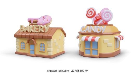 3D bakery and sweet shop. Concept of confectionery. Set of vector buildings in cartoon style. Isolated image on white background. Cakes and candies. Online sale of desserts