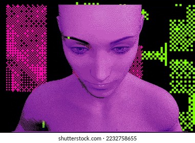 3D bald woman on a glitched and pixelated background. Concept of an artificial intelligence and machine learning.