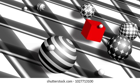 3D ball abstract background. halftone lines, circles, squares, stars. Red cube