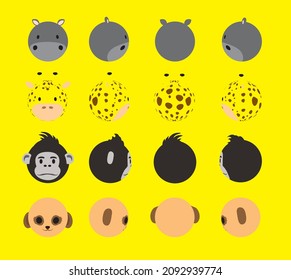 3D Ball Head Animal Hippo Giraffe Gorilla Meerkat Rotation Cartoon Vector Illustration