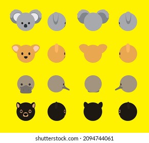 3D Ball Head Animal Koala Kangaroo Platypus Tasmanian Devil Rotation Cartoon Vector Illustration