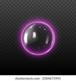 Bola 3d sobre fondo negro aislado. Ilustración vectorial de una esfera transparente de vidrio con Pequeñas partículas brillantes de color púrpura que la rodean. Escudo protector de burbujas. Ideal para proyectos de diseño.