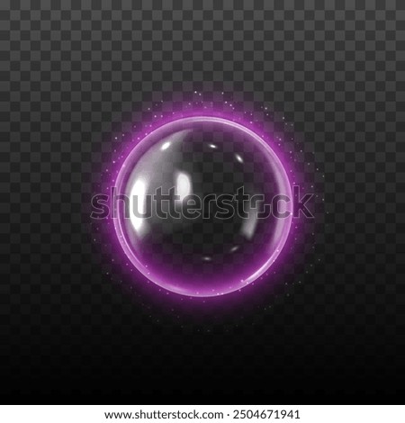 3d ball on isolated black background. Vector illustration of a glass transparent sphere with small purple sparkling particles surrounding it. Bubble protective shield. Ideal for design projects.