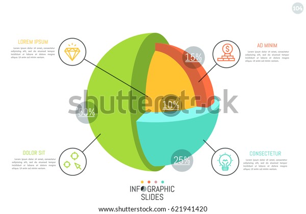 3d ball or spherical cutaway diagram\
divided into 4 parts of different color and size, percentage\
indication, thin line icons and text boxes. Simple infographic\
design layout. Vector\
illustration.