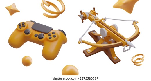 3D ballista, game console, decorative elements. Concept of virtual battle using medieval weapons. Online competition between armies, strategy. Web design