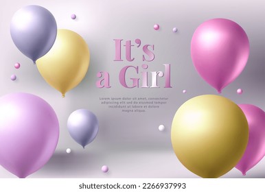 3d balloon air celebration vector party background. Happy birthday girl pastel holiday creative invitation