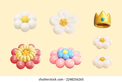 3D balloon art isolated on light yellow background. Including balloon flowers and golden crown.