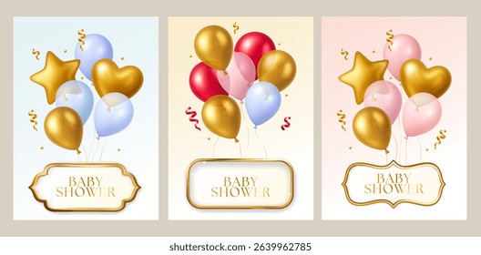 3d Balloon Baby Shower Girl Boy Party Card Set Gift Ball Balloons Vector Invitation Card Realistic Celebration Shape