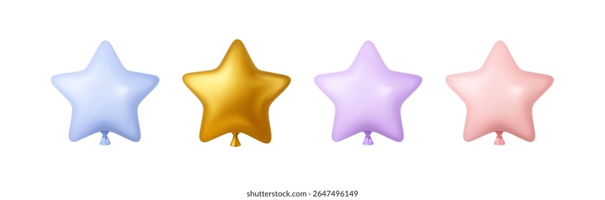 3d Balloon Birthday Day Party Set Star Element Gift Ball Balloons Pastel Gold Icon  Vector Invitation Card Realistic Shape