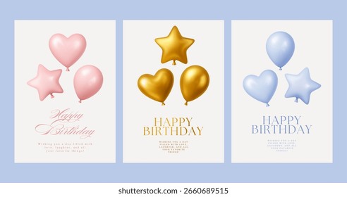 3d Balloon Birthday Party Vector Card Set Background Realistic happy Flying Helium Baloon
