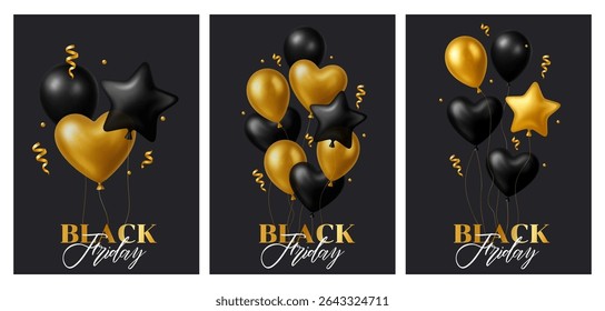 3d balão preto sexta-feira festa cartão definir presente ouro preto bola balões vetor convite cartão de celebração realista Banner