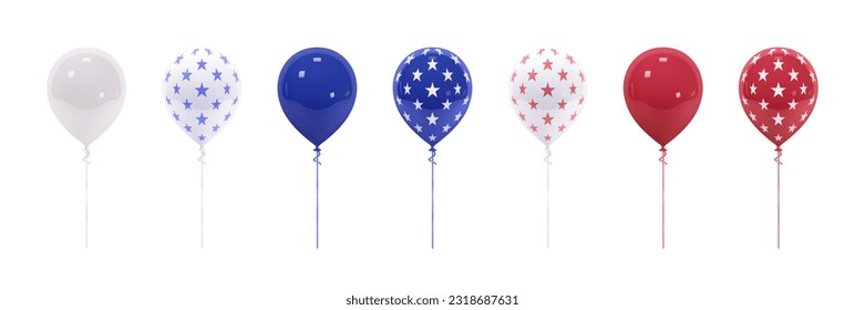 3d colección de globos para el 4 de julio de los elementos de diseño del Día de la Independencia de Estados Unidos. Globos con estrellas como elementos gráficos de la bandera estadounidense aislados de fondo blanco. Diseño de ilustración vectorial 3D realista