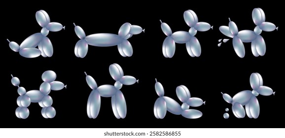 3d Balloon Dogs set. Chrome Helium Balloon in the shape of a sitting, popping, playing puppy in realistic 3d style. Vector illustration Isolated on a black background. Metallic sculpture animals.