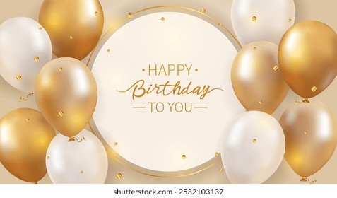 banner de aniversário feliz balão 3d, banner de festa de luxo com balões de ouro e modelo de aniversário feliz confete