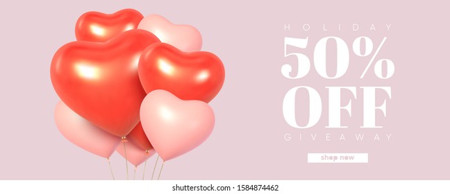 3D Balloon hearts composition. 14 February sale banner design. Eps10 vector. 