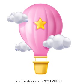 3D balloon, pink aerostat, air parachute icon, vector cartoon kids birthday design object, cloud. Basket adventure trip sign, travel flight concept tourism transportation. 3D balloon party fun clipart