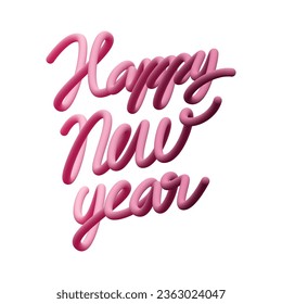 3D balloon realistic "Happy New Year" quote vector design in pink. Handdrawn winter calligraphy in plastic cartoon style. Minimal shape render words.