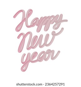 3D balloon realistic "Happy New Year" quote vector design in pink. Handdrawn winter calligraphy in plastic cartoon style. Minimal shape render words.