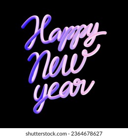 3D balloon realistic "Happy New Year" quote vector design. Handdrawn winter calligraphy in plastic cartoon style. Minimal shape render purple words.