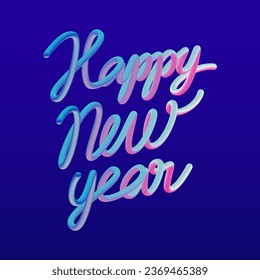 3D balloon realistic "Happy New Year" quote vector design. Handdrawn winter calligraphy in plastic cartoon style. Minimal shape render blue words.