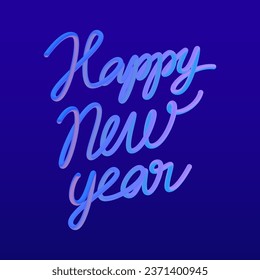 3D balloon realistic "Happy New Year" quote vector design. Handdrawn winter calligraphy in plastic cartoon style. Minimal shape render blue words.