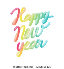 3D balloon realistic rainbow "Happy New Year" quote vector design. Handdrawn winter calligraphy in plastic cartoon style. Minimal shape render words.