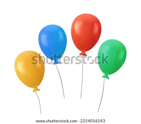 3D Balloon set in cartoon style. Bunch of realistic balloons for birthday and party. Flying ballon with rope. Blue, red yellow and green ball isolated on white background. 3D render icon celebrate