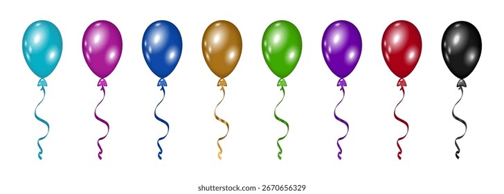 3D Balloon set isolated on white Background. Vector Realistic Glossy Colorful Multicolored Baloon collection. Helium Balloons Template for Wedding, Anniversary, Birthday Party Design Three Dimensiona.
