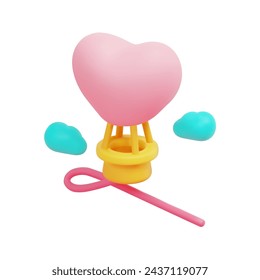 3d balloon in shape of pink heart flying in clouds icon vector. 3d love and valentine day concept. Isolated on white background. 3d icon vector render illustration.