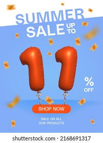 3d Balloon Summer sale up to 11% off, Banner Shop Now sale on all our products poster, Shopping 3d number 11 percent special offer card, Template coupon discount label design vector illustration.