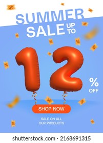 3d Balloon Summer sale up to 12% off, Banner Shop Now sale on all our products poster, Shopping 3d number 12 percent special offer card, Template coupon discount label design vector illustration.