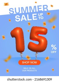 3d Ballon Sommerverkauf bis zu 15% Rabatt, Banner Shop Jetzt auf alle unsere Produkte Poster, Shopping 3d Nummer 15% Sonderangebot Karte, Template Coupon Rabatt Label Design Vektorgrafik.