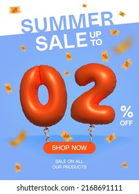 3d Balloon Summer sale up to 2% off, Banner Shop Now sale on all our products poster, Shopping 3d number 2 percent special offer card, Template coupon discount label design vector illustration.