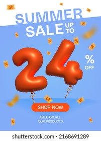 3d Balloon Summer sale up to 24% off, Banner Shop Now sale on all our products poster, Shopping 3d number 24 percent special offer card, Template coupon discount label design vector illustration.