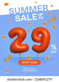 3d Balloon Summer sale up to 29% off, Banner Shop Now sale on all our products poster, Shopping 3d number 29 percent special offer card, Template coupon discount label design vector illustration. svg