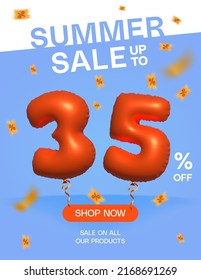 3d Balloon Summer sale up to 35% off, Banner Shop Now sale on all our products poster, Shopping 3d number 35 percent special offer card, Template coupon discount label design vector illustration.