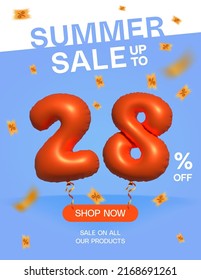 3d Balloon Summer sale up to 38% off, Banner Shop Now sale on all our products poster, Shopping 3d number 38 percent special offer card, Template coupon discount label design vector illustration.