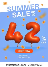 3d Balloon Summer sale up to 42% off, Banner Shop Now sale on all our products poster, Shopping 3d number 42 percent special offer card, Template coupon discount label design vector illustration.