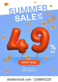 3d Balloon Summer sale up to 49% off, Banner Shop Now sale on all our products poster, Shopping 3d number 49 percent special offer card, Template coupon discount label design vector illustration.