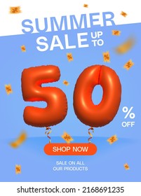 3d Balloon Summer sale up to 50% off, Banner Shop Now sale on all our products poster, Shopping 3d number 50 percent special offer card, Template coupon discount label design vector illustration.