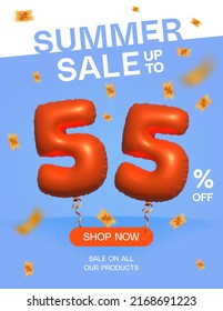 3d Balloon Summer sale up to 55% off, Banner Shop Now sale on all our products poster, Shopping 3d number 55 percent special offer card, Template coupon discount label design vector illustration.