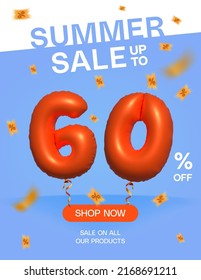 3d Balloon Summer sale up to 60% off, Banner Shop Now sale on all our products poster, Shopping 3d number 60 percent special offer card, Template coupon discount label design vector illustration.