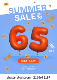 3d Balloon Summer sale up to 65% off, Banner Shop Now sale on all our products poster, Shopping 3d number 65 percent special offer card, Template coupon discount label design vector illustration.