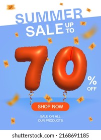 3d Venta de verano de globos hasta un 70% de descuento, Banner Shop Now venta en todos nuestros productos afiches, Shopping 3d número 70 por ciento tarjeta de oferta especial, Plantilla etiqueta de descuento diseño vector ilustración.