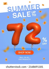 3d Balloon Summer sale up to 72% off, Banner Shop Now sale on all our products poster, Shopping 3d number 72 percent special offer card, Template coupon discount label design vector illustration.