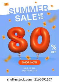 3d Balloon Summer sale up to 80% off, Banner Shop Now sale on all our products poster, Shopping 3d number 80 percent special offer card, Template coupon discount label design vector illustration.