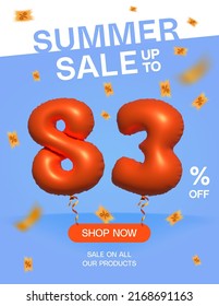 3d Balloon Summer sale up to 83% off, Banner Shop Now sale on all our products poster, Shopping 3d number 83 percent special offer card, Template coupon discount label design vector illustration.