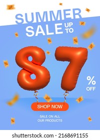 3d Balloon Summer sale up to 87% off, Banner Shop Now sale on all our products poster, Shopping 3d number 87 percent special offer card, Template coupon discount label design vector illustration.