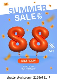 3d Balloon Summer sale up to 88% off, Banner Shop Now sale on all our products poster, Shopping 3d number 88 percent special offer card, Template coupon discount label design vector illustration.